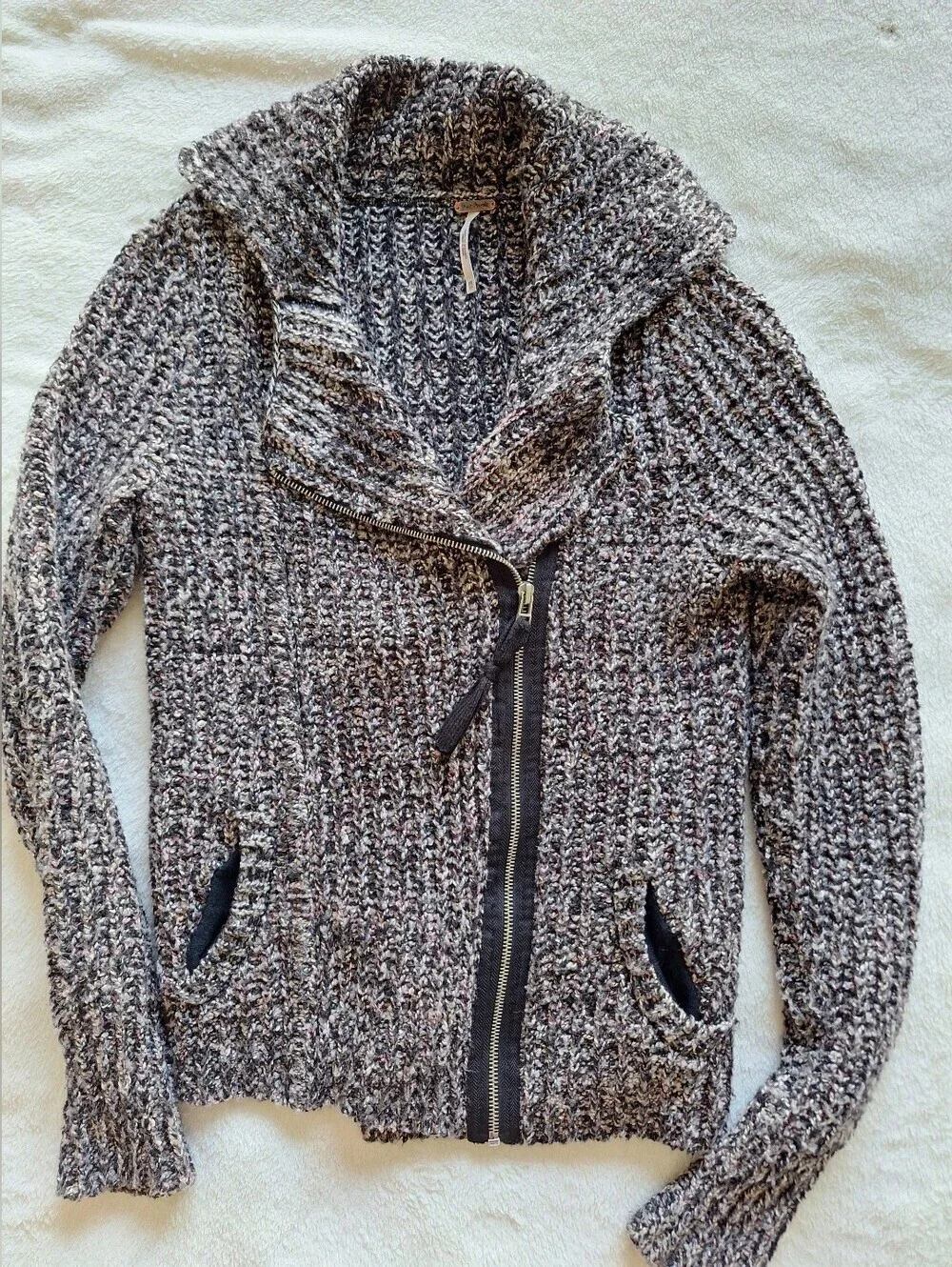 Free People Marbled Chunky Knit Moto Asymmetrical Zip Sweater Jacket Size XS